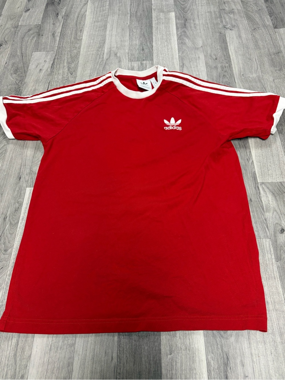 adidas Red Short Sleeve Trefoil Tee with White Stripes